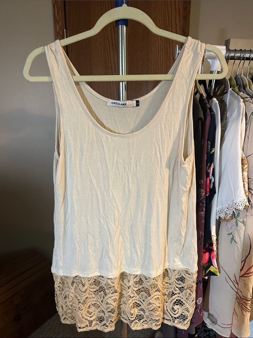 Cream Lace-Hem Tank tank or shirt extender